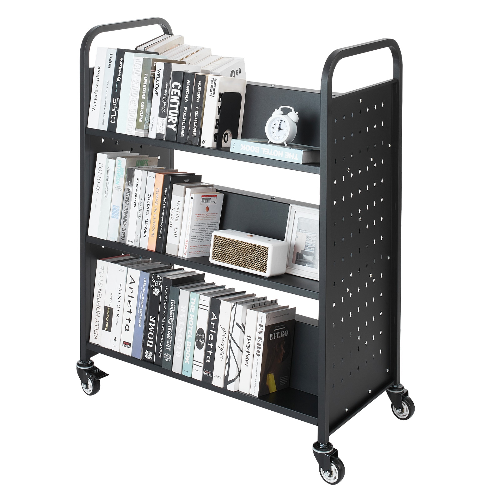 3-tier Rolling Book Cart Double Sided W-shaped Shelving Unit Black_voghion.com
